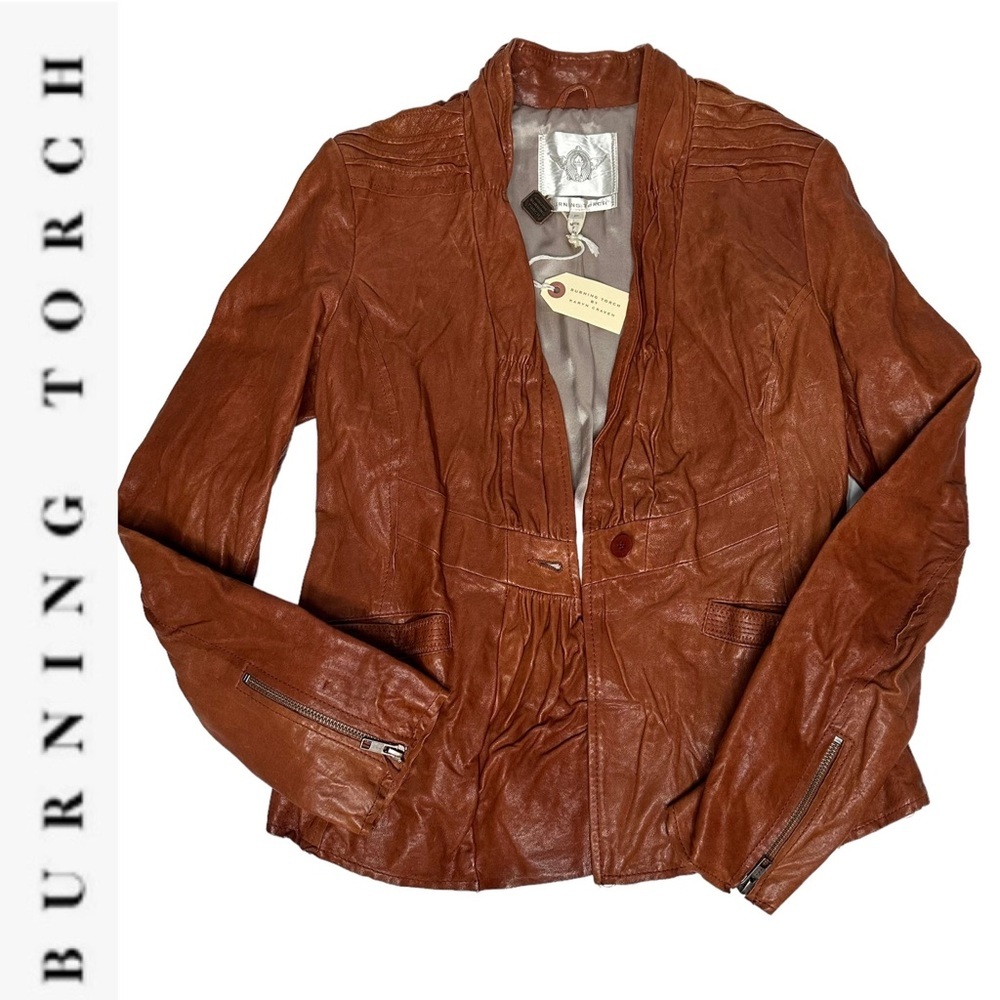 NWT Burning Torch Crinkled Leather Jacket brown app SP